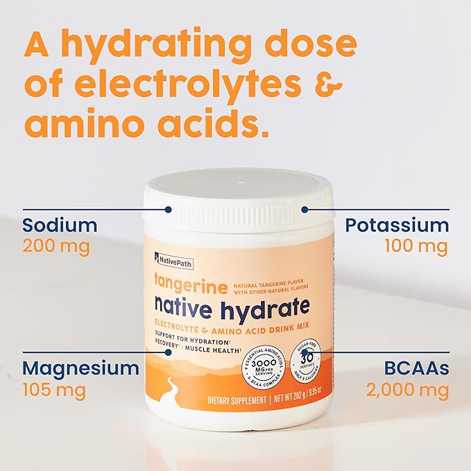 NativePath Native Hydrate Zero Sugar Electrolytes Powder with BCAAs Tangerine Hydration Keto &amp Paleo Friendly 30 Servings (Pack of 2)
