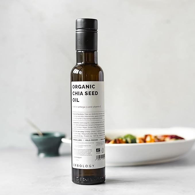 Erbology Organic Chia Seed Oil 8.5 fl oz - Cold-Pressed - Rich in Omega-3 (66%) and Vitamin E (330% RI) - No Additives or Preservatives - Sustainably Sourced - Vegan - GMO-Free