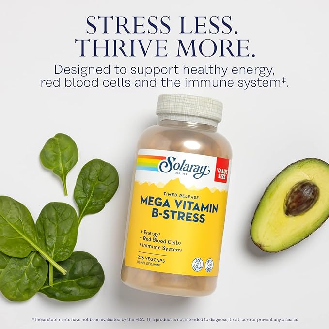 SOLARAY Mega Vitamin B-Stress - Timed Release Vitamin B Complex w/Vitamin B12 B6 Folic Acid VIT. C - Stress Energy Red Blood Cell Immune Support - Vegan 60-Day Guarantee (276 CT)