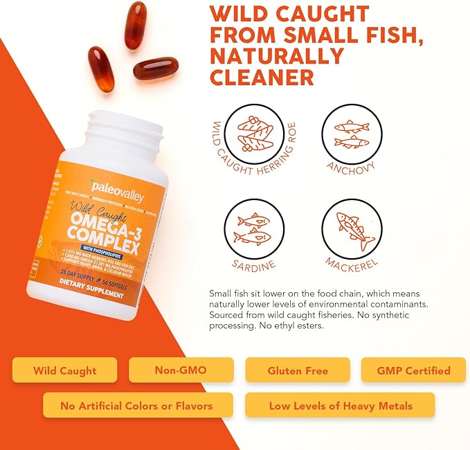 Paleovalley Omega-3 Complex Wild Caught Fish Oil Softgels 1050mg Omega-3s 750mg DHA 187mg EPA Phospholipid Bound Omega-3 Supplement for Brain Heart and Joint Health 28 Servings
