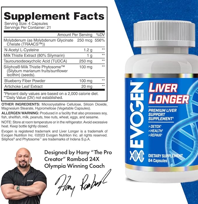 Evogen Liver Longer - Premium Liver Support Supplement | Detox Health &amp Repair | N-Acetyl L-Cysteine Milk Thistle TUDCA | 84 Capsules