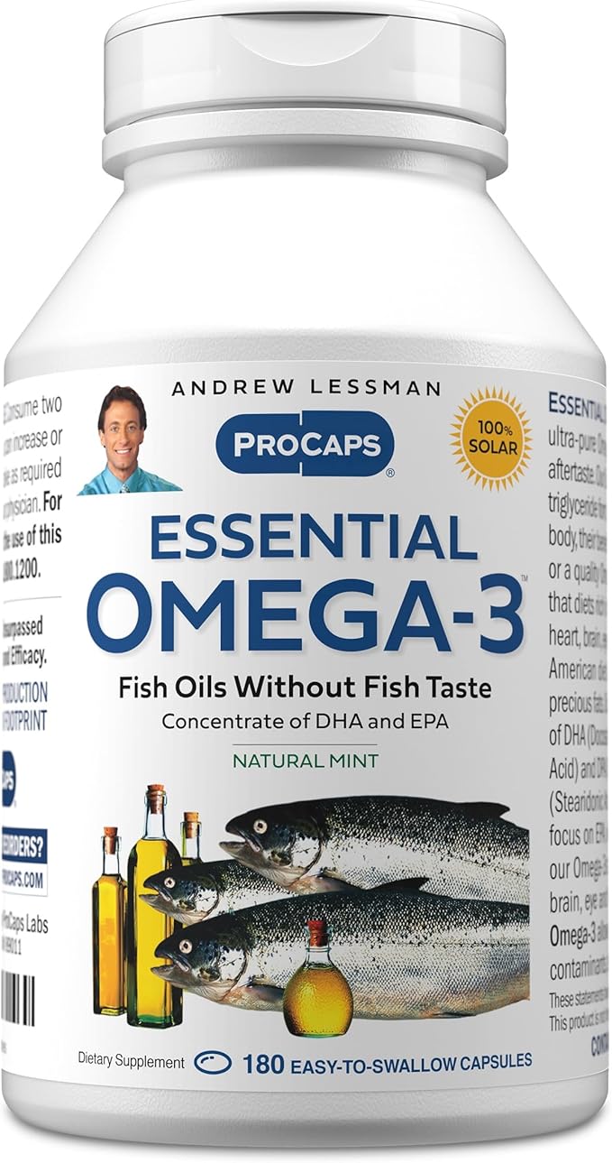 ANDREW LESSMAN Essential Omega-3 Mint - 180 Softgels - Ultra-Pure High Potency Omega-3 Oils. High DHA No Stomach Upset No Contaminants No Mercury. Small Easy to Swallow Softgels