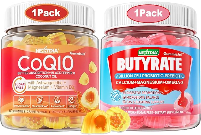 Nextdia Sugar-Free CoQ10 Filled Gummies + Butyrate Gummies with Probiotic + Prebiotic + Postbiotic