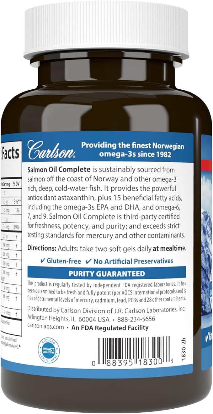 Carlson - Salmon Oil Complete 700 mg Omega-3s + Astaxanthin Cardiovascular Support Brain Function &amp Joint Health 60 Softgels (Pack of 2)