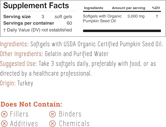 INCAS Organic Certified Pumpkin Seed Oil 3000mg Per Serving 180 Softgels | Cold Pressed Pure Virgin Oil Herbal Supplement | Supports Urinary Bladder &amp Prostate Health | Non-GMO
