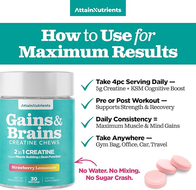 Creatine Chews - 5000mg Creatine Monohydrate Tablets for Men &amp Women with Ashwagandha KSM-66 - Low Sugar Muscle Support &amp Cognitive Boost - Gummy Alternative - 120 Count (Strawberry Lemonade)