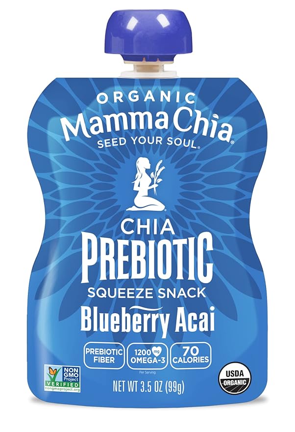 Mamma Chia Organic Prebiotic Squeeze Snack Blueberry Acai Fiber-Rich Prebiotic Gut Support USDA Certified Organic Non-GMO Vegan Gluten Free 14 Ounce (Pack of 6) (Pack of 2)