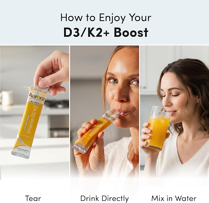 Aurora Nutrascience Liposomal D3 with K2 Mega-Pack - Liquid Vitamin D 3 K 2 Supplement for Adults Healthy Immune and Bone Support Vegan MCT-Enhanced Superior Absorption - 32 Single Serve Packets