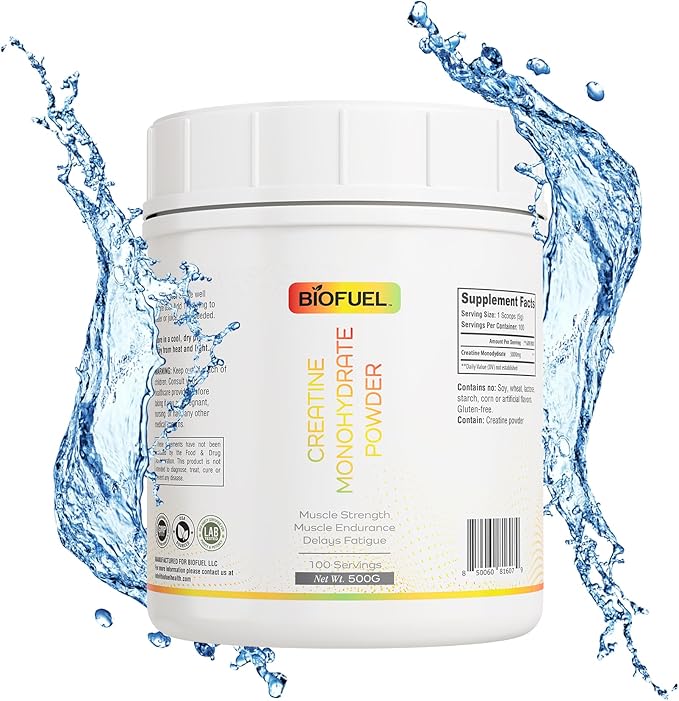 Biofuel Creatine Monohydrate Powder – Enhances Muscle Building Strength and Performance – 500g 100 Servings