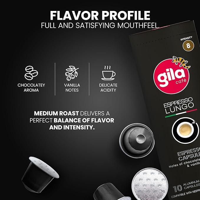 GILA Café Espresso Lungo Aluminum Coffee Capsules – Medium Roast Coffee Pods Compatible with Nespresso Original Machines – 100% Mexican Arabica with Hazelnut &amp Vanilla Notes 60 Count