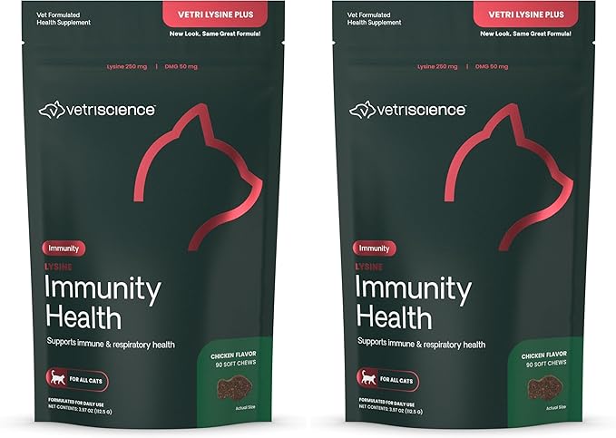 VetriScience Lysine Immunity Health Chews 250 mg Lysine Plus Immune Supplement for Cats and Kittens with Allergies Sneezing Runny Nose and Watery Eyes Chicken90 Count (Pack of 2)