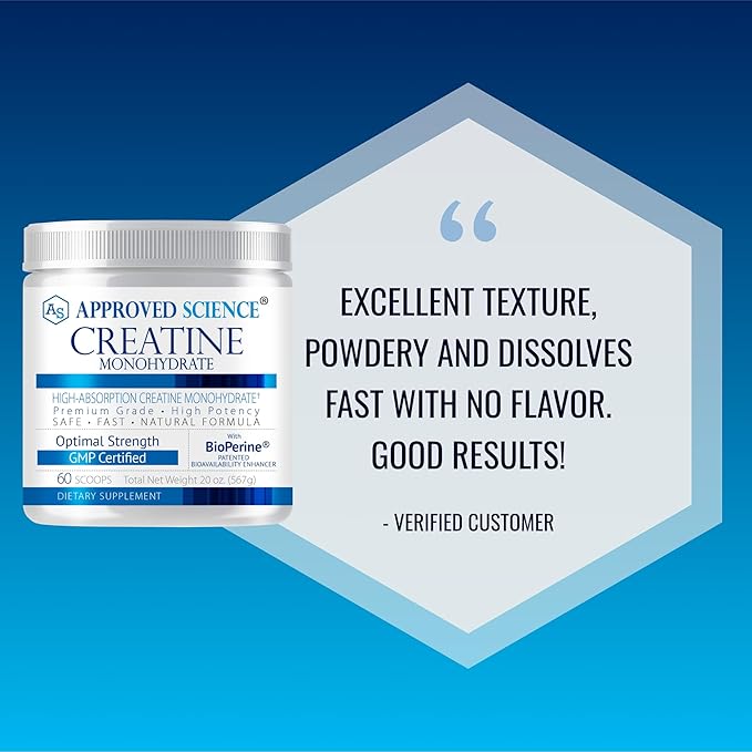 Approved Science Creatine Monohydrate Powder – with BioPerine – Supports Strength Lean Muscle &amp Recovery – 5 g Per Serving – Unflavored Creatine Powder – Non-GMO Vegan – 60 Servings