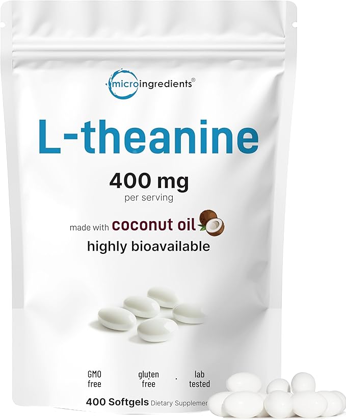 Micro Ingredients L-Theanine 400mg 400 Softgels | Highly Bioavailable with Coconut Oil | Extra Strength Theanine Amino Acid | Calm &amp Relaxation Support + Focus Supplement | Non-GMO Gluten Free