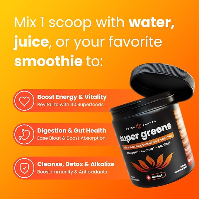 NutraChamps Super Greens Powder Premium Superfood | 20+ Organic Green Veggie Whole Foods | Wheat Grass Spirulina Chlorella | Antioxidant Digestive Enzyme &amp Probiotic Blends (9.0 OZ Mango)