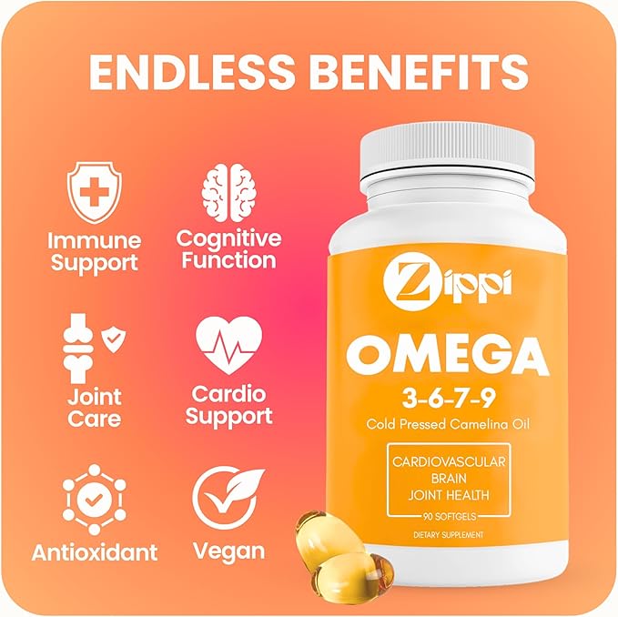 Zippi Omega 3-6-7-9 Camelina Softgels - Plant Based Omega 3-6-7-9 Fatty Acid Supplement. Helps to Support Brain Liver Cardiovascular Immunity and Joint Function
