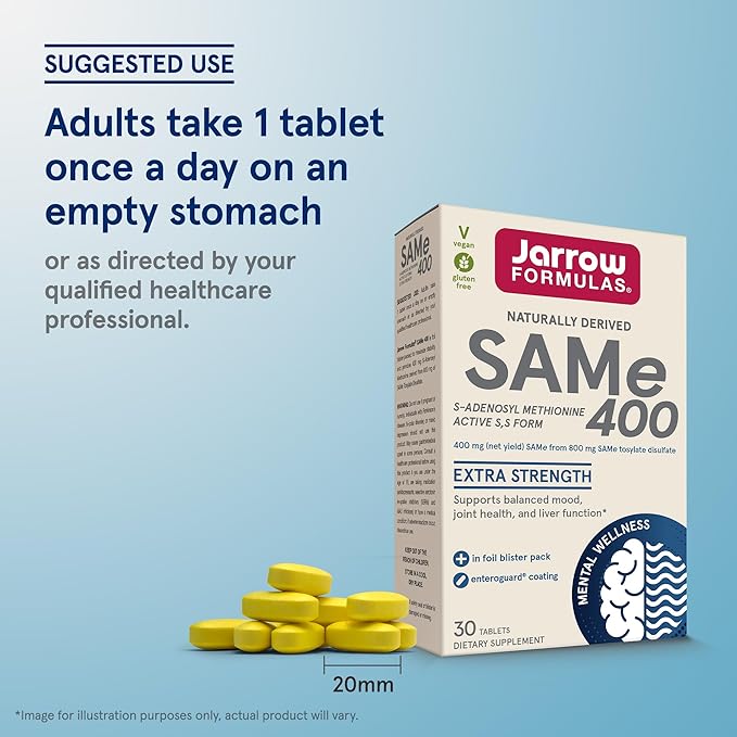 Jarrow Formulas SAMe Supplement 400 mg - 30 Tablets - High Concentration of Active SS Form - Supports Joint Health Liver Function Brain Metabolism Balanced Mood &amp Antioxidant Defense - 30 Serv