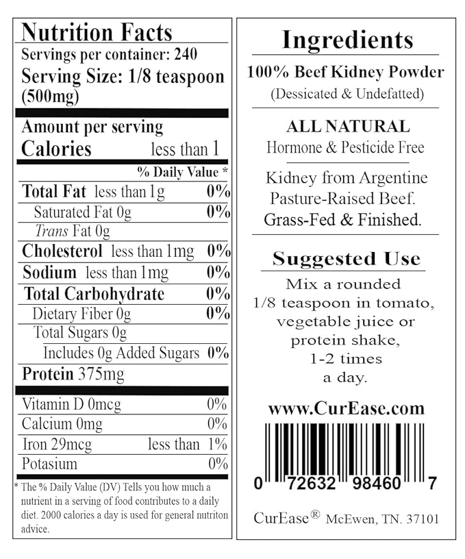 Argentine Beef Kidney Powder Grass Fed &amp Finished 4.2 Ounces 240 Servings