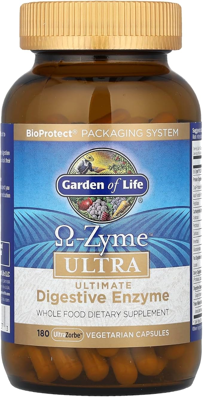 Garden of Life 21 Powerful Digestive Enzymes with Papain Bromelain Lipase Ginger Turmeric for Complete Digestion of Protein Carbs &amp Fats – Omega-Zyme ULTRA Gluten-Free Vegetarian 180 Capsu