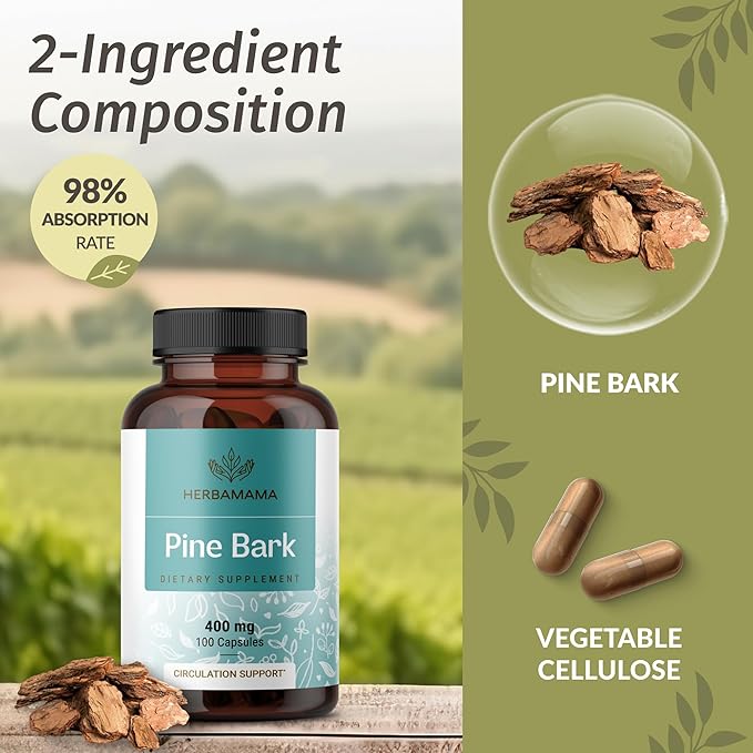 HERBAMAMA Pine Bark Extract Capsules - 400mg French Maritime Pine Bark Extract Powder for Antioxidant Support - Vegan Non-GMO Pinus Pinaster Supplement