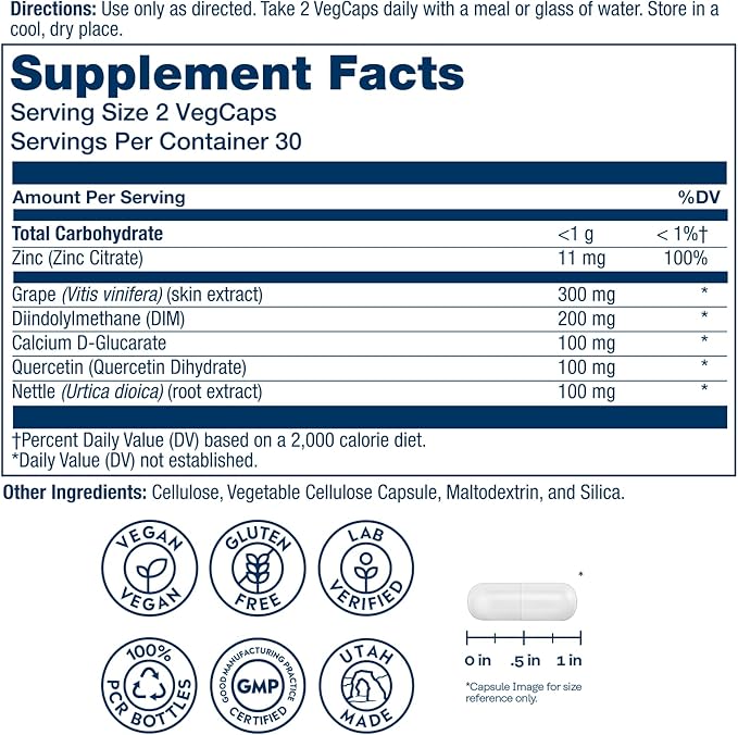 SOLARAY DIM Supplement for Men - Clinically Studied DIM 200mg Supports Hormone Balance - Plus Zinc and Quercetin - Vegan Gluten Free 60 Day Money-Back Guarantee - 30 Servings 60 VegCaps