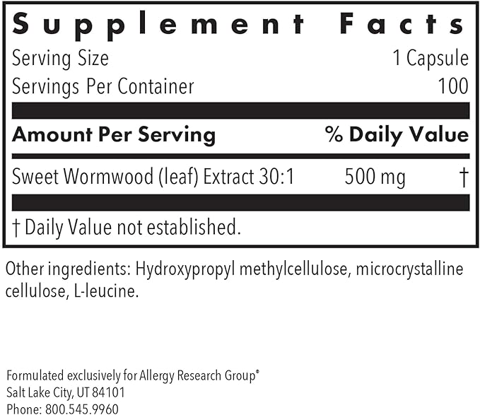 Nutricology Artemisia - 500 mg Sweet Wormwood Extract - Traditional Herbal Support - Concentrated Extract - Hypoallergenic - 100 Servings - 100 Capsules