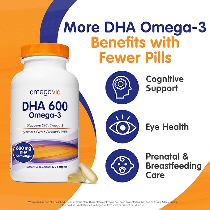 OmegaVia DHA 600 mg Ultra Pure Omega-3 DHA Supplements for Brain and Eyes DHA Prenatal Vitamins for Women Burpless Fish Oil Omega 3 IFOS Tested 120 Softgels