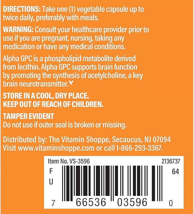 The Vitamin Shoppe Alpha GPC (Alpha-Glyceryl-Phosphoryl-Choline) 300MG Supports Brain