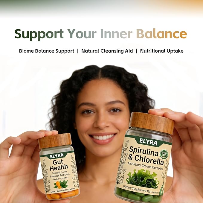 Elyra Gut Health Supplements Gut Health Supports Digestive Balance for Women and Men Energy &amp Immune Health 50 + 120 Vegetarian Capsules (Gut Health + Spirulina)