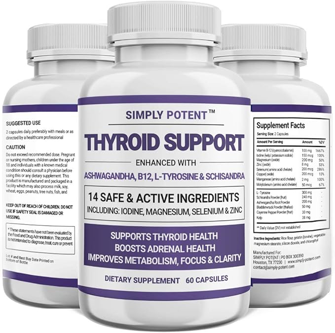 Simply Potent Thyroid Support &amp Adrenal Support Supplement 2-in-1 Natural Formula with Iodine &amp Ashwagandha for Energy Metabolism Focus for Women &amp Men 60 Caps