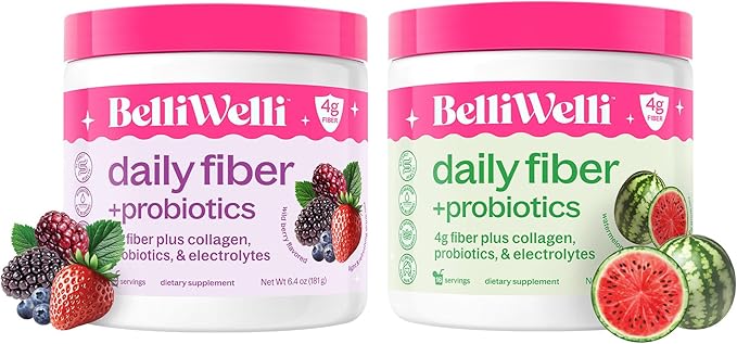 Belli Welli Daily Fiber Supplement Bundle with Collagen Probiotics &amp Electrolytes – Wild Berry &amp Watermelon Flavors – Supports Digestive Health Gut Balance &amp Debloating – 32 Servings Tot