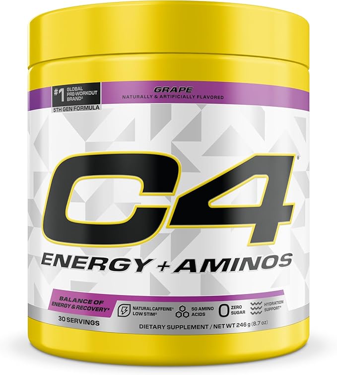 C4 Energy + Aminos Powder 5g BCAAs &amp EAAs for Muscle Recovery 3 Electrolytes for Hydration 100mg Natural Caffeine Pre Workout Zero Sugar 30 Servings Grape