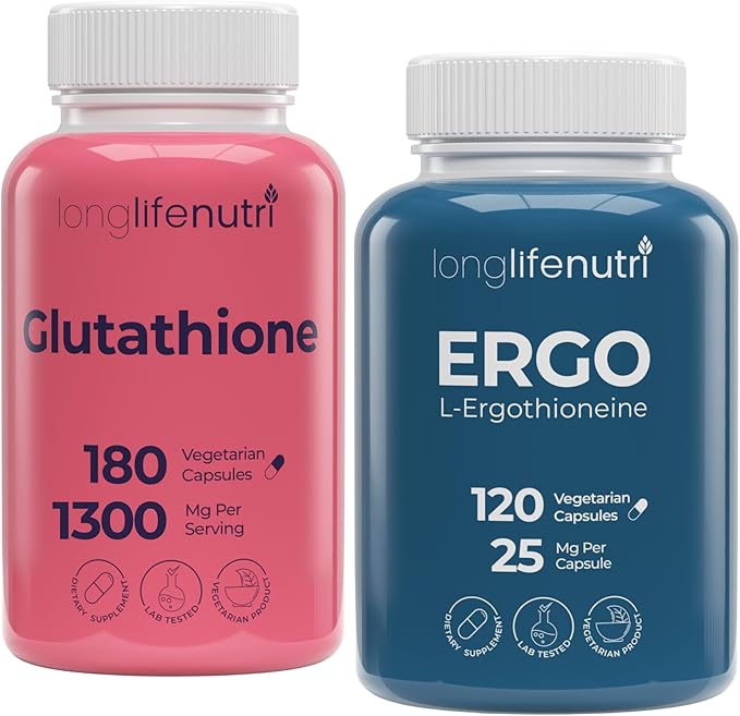 LongLifeNutri Reduced Glutathione 500 mg (180 Veg Caps) &amp L-Ergothioneine 25 mg (120 Veg Caps) Bundle – 3–4 Month Supply Dual Antioxidant Support Non-GMO GMP Certified Made in USA