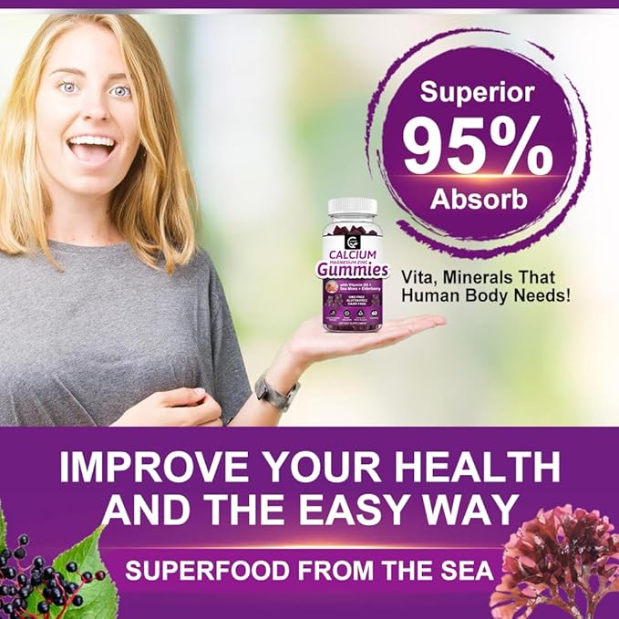 Calcium Magnesium Zinc Gummies with High Absorption Magnesium Glycinate 300mg Potassium - Plant Complex Calcium Magnesium 2:1 Ratio with D3 Sea Moss for Bone Immune &amp Sleep Support Vegan-2 Pac
