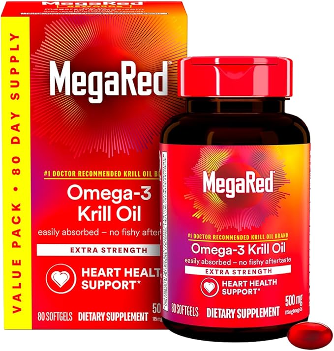 MegaRed Extra Strength 500mg Omega-3 Krill Oil Supplement with EPA/DHA No Fishy Aftertaste Supports Heart Health 80 Count Softgels (2 Pack)