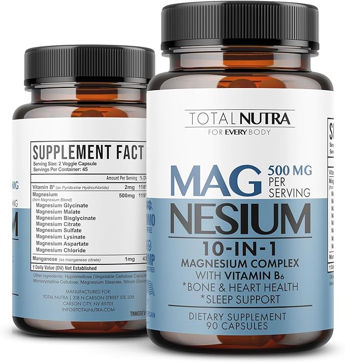 10-in-1 Magnesium Supplement 500 mg | High Absorption Magnesium Complex with Mag Glycinate Citrate Vitamin B6 Magnesium for Sleep Muscle Bone &amp Heart Health Vegan &amp Gluten-Free 45 Day Su