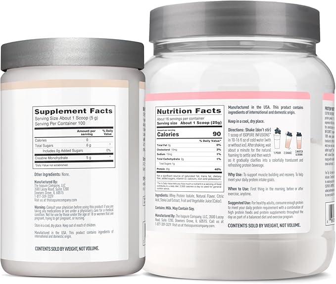 Bundle of Isopure Unflavored Creatine Monohydrate Powder100 Servings 500g + Isopure Protein Powder Clear Whey Isolate Gluten Free with Zero Added Sugar Infusions- Mixed Berry 16 Servings