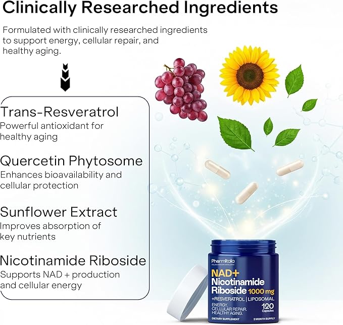 Liposomal NAD+ Supplement with Resveratrol - Nicotinamide Riboside 1000 Mg - NAD Supplements for Women &amp Men - NMN Supplement Alternative - Advanced NAD Resveratrol for Cellular Energy - 120 Capsu