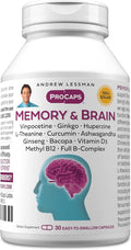 ANDREW LESSMAN Memory &amp Brain 30 Capsules – Naturally Supports Brain Memory and Mental Acuity. with Ginkgo Biloba Ashwagandha Bacopa Curcumin Ginseng B-Complex Vitamin D3