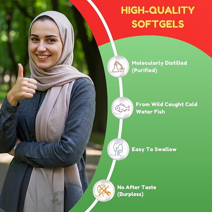 SHIFAA NUTRITION Halal Fish Oil Softgels 120 Ct Double Strength - Halal Omega 3 Fish Oil Supplements. Wild Caught Non-GMO &amp Purified