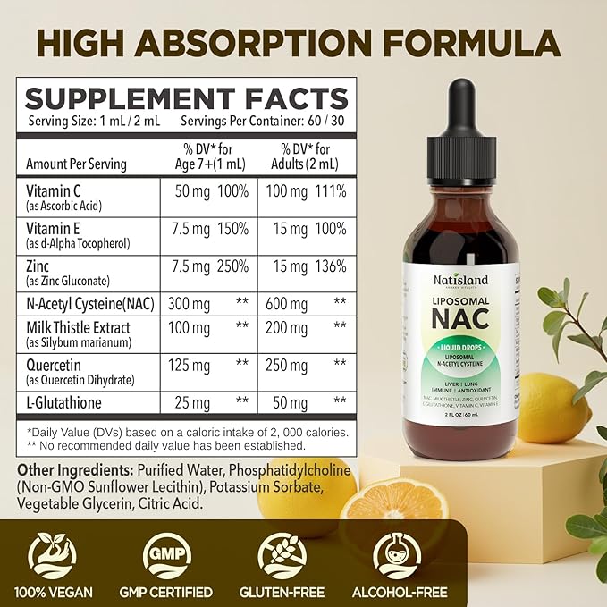 Liposomal Liquid NAC Drops NAC Supplement N-Acetyl Cysteine NAC 600 mg with Milk Thistle &amp Quercetin for Adults &amp Kids Liver &amp Lung Immune &amp Antioxidant Support Skin &amp Cellula