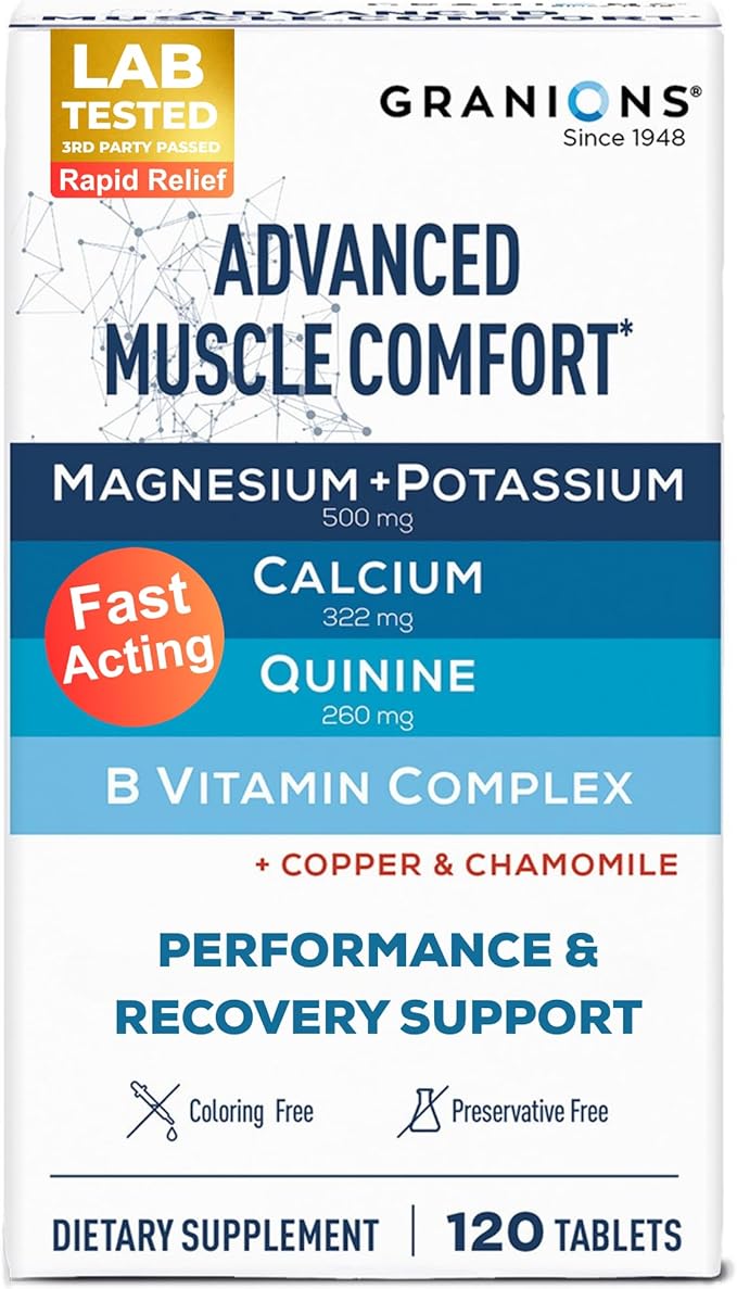 Granions Advanced Muscle Comfort - Natural Muscle Relaxer Pills Support - Quinine Magnesium Potassium B Vitamins Chamomile CoQ10 - Immediate Muscle Relaxation and Comfort - 120 Tablet 30 Serving