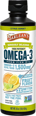 Barlean's Omega 3 Fish Oil Liquid Supplement for Men and Women 1500mg of EPA and DHA Fatty Acid Promotes Brain &amp Heart Health - Non-GMO Citrus Sorbet 16 oz