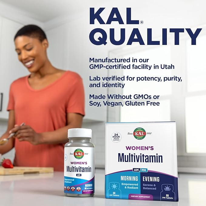 KAL Women's Multivitamin AM/PM 2-in-1 Multivitamins for Women with Ashwagandha Silica Organic Spirulina and GABA for Cellular Energy Bone Strength Immune Support Vegan 30 Servings 120 Tablets