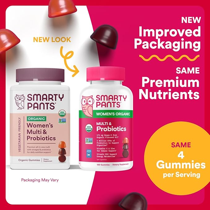 SmartyPants Organic Women's Multivitamin Gummies: Biotin Probiotics Methylfolate Omega 3 (ALA) Vitamin D3 C Vitamin B12 B6 A K &amp Zinc Inositol Gluten Free 120 Count (30 Day Supply)
