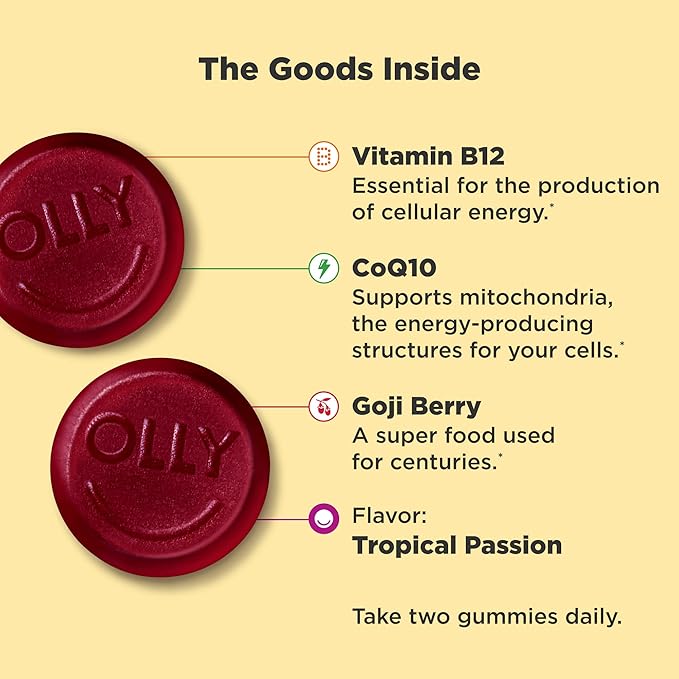 OLLY Undeniable Beauty Gummy for Hair Skin Nails &amp Daily Energy Gummy Caffeine Free Vitamin B12 CoQ10 Goji Berry