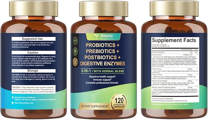 Totaria (2 Packs) 5-in-1 Probiotic Prebiotic &amp Postbiotic for Women Men 60 Billion CFU 24 Strains w/Digestive Enzymes Slippery Elm Daily Complete Gut Health Digestive &amp Immune Support