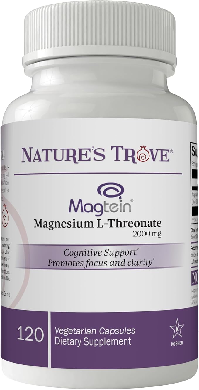 Magtein Magnesium L-Threonate Supplement – 2000 Mg L-Threonate Magnesium Supplement for Sleep Calm Memory &amp Brain Fog – Non-GMO Magtein – 120 Vegetarian Capsules by Nature's Trove