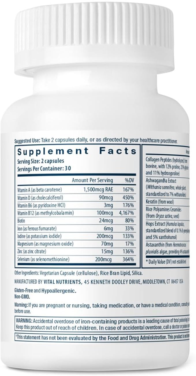 Vital Nutrients Hair Growth Vitamins Complex for Women - Hair Growth Supplement Supports Fuller Thicker Stronger with Keratin Ashwagandha Hops and Biotin - Vegan Dairy Gluten Free - 60 Count
