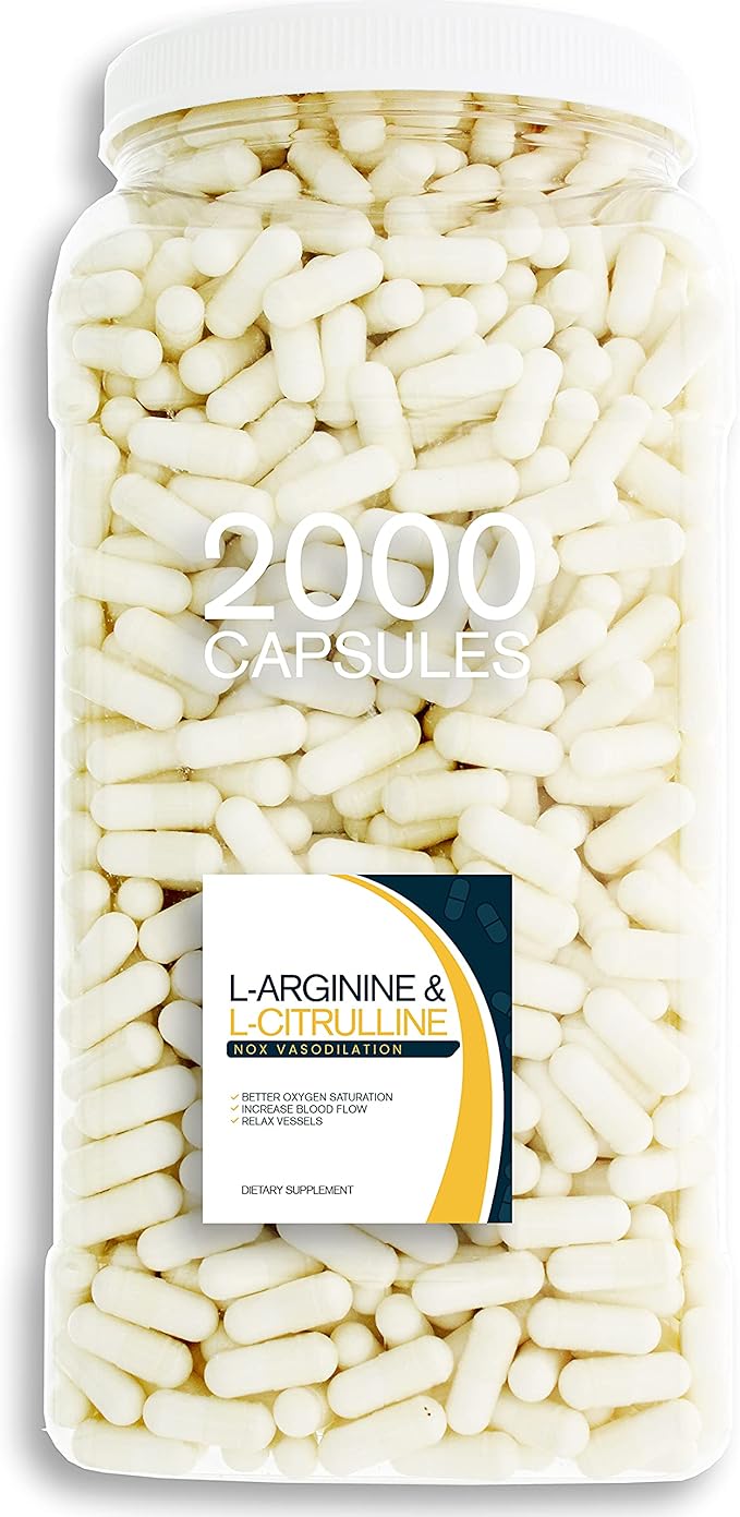 NOX Blend - 2000 Capsules of L-Arginine &amp L-Citrulline in a Clear Square Grip Jar
