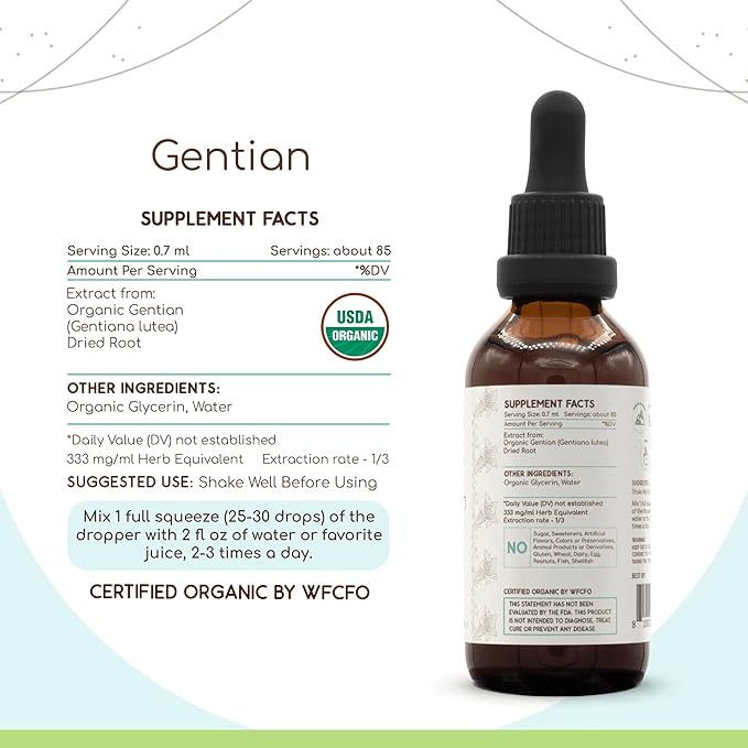 Gentian B60 Alcohol-Free Herbal Extract Tincture Concentrated Liquid Drops Natural USDA Organic Gentian (Gentiana Lutea) Dried Root (2 fl oz)
